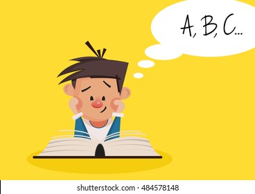 Little boy reading a book lying on the floor. Vector illustration