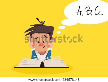 Little boy reading a book lying on the floor. Vector illustration