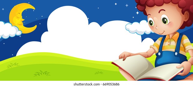 Little boy reading book at night illustration