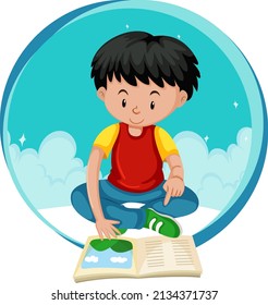 Little boy reading a book on white background illustration