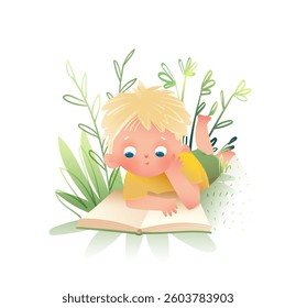 Little Boy Reading a Book Outside in Nature Laying on Grass. Boy character cartoon studying or learning with open book in park. Fun colorful vector cartoon illustration for children and kids education