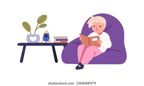 Little boy reading book. Preschool child sitting, studying kids literature. Smart schoolchild reader, clever bookworm at leisure. Flat graphic vector illustration isolated on white background