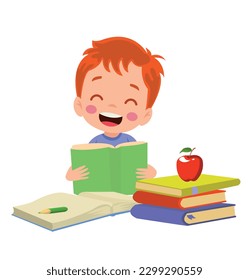 Niño leyendo un libro con una manzana roja sobre la mesa