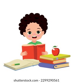 Niño leyendo un libro con una manzana roja sobre la mesa