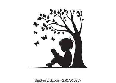 Little boy is reading a book silhouette, love reading, kids reading books