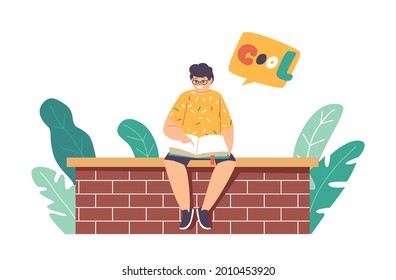 Little Boy Reading Book Sitting on Brick Wall, Kid Character Studying, Learning Classes Outdoors. School Child Education, Smart Schoolboy Child Engage Knowledge Concept. Cartoon Vector Illustration