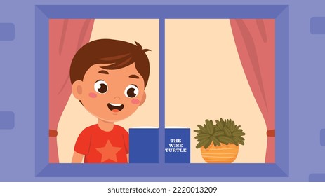 Little boy reading book. Smiling preschooler stands with book by window and studies English and words. Good weather in autumn season. Vocabulary and Dictionary. Cartoon flat vector illustration