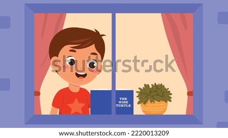 Little boy reading book. Smiling preschooler stands with book by window and studies English and words. Good weather in autumn season. Vocabulary and Dictionary. Cartoon flat vector illustration