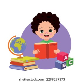 Little boy reading a book and a stack of books with abc letters on a white background