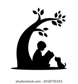 Little boy is reading a book under the tree with a cute dog silhouette, love reading, kids reading books