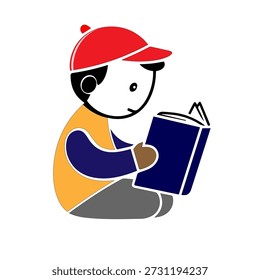Garotinho lendo uma ilustração vetorial de livro. Estudante de criança bonita sentado e aprendendo. Elemento de design de logotipo educacional e conceito de alfabetização infantil isolado no fundo branco para marca escolar