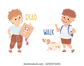 Little Boy Reading Book and Walking Dog Demonstrating Vocabulary and Verb Vector Set