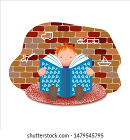  Little boy is reading a book while sitting on a rug against a brick wall with drawings. Home schooling. The child reads. Vector illustration.