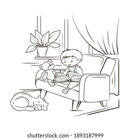 little boy reading a book while sitting in a cozy armchair near the window, next to a teddy bear and a cat, coloring book, line art, black and white sketch, vector illustration