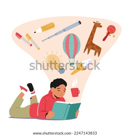Little Boy Reading Books Lying on Floor, Kid Character Studying, School Child Learning Classes in Library or Enjoying Reading Hobby. School Education, Knowledge Concept. Cartoon Vector Illustration