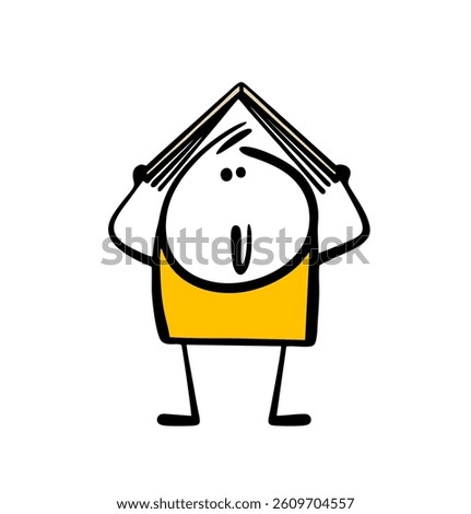 Little boy is reading an interesting book, put it on head. Vector illustration of stickman hiding in knowledge, student at school with a textbook. Cartoon people isolated on a white background.