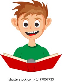 Little Boy Reading A Red Book. A little cute boy reading a red book with happy face. He like to read and study educational books.