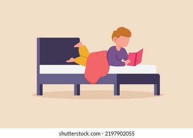 Little Boy Reading Story Book Before Going To Bed. Before Sleep Activity Concept. Colored Flat Graphic Vector Illustration Isolated.