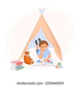 Little boy reads book out loud to teddy bear while lying on his stomach inside play tent. Cozy reading book. Concept of education, learning letters, reading, literacy. Vector illustration.