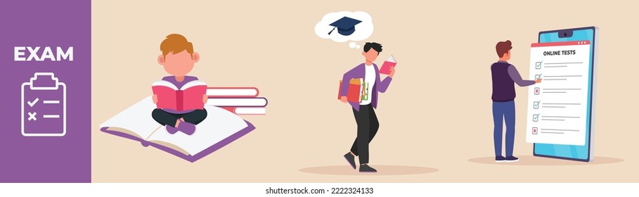 Little Boy reads books before exam, Boy reads book when walking to get graduation cap and student doing online test. Preparing for test set concept. Colored flat graphic vector illustration isolated.