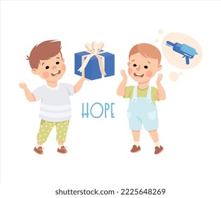 Little Boy Receiving Gift Box Hoping of Water Pistol as Demonstration of Vocabulary and Verb Studying Vector Illustration