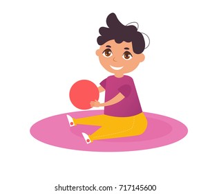 Little boy with a red ball sitting on the mat. Vector. Cartoon. Isolated art on white background. Flat.