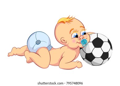 Little boy with red bangs and diapers crawled to a soccer ball and plays with it