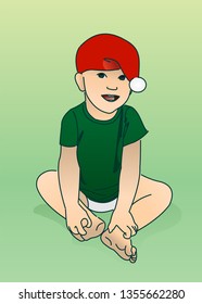 A little boy in a red cap sits on the floor, holding his hands to his feet. Modern flat vector illustration.