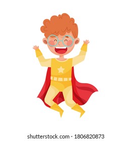 Little Boy with Red Hair Wearing Superhero Costume and Waving Hand Vector Illustration