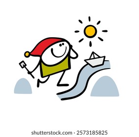 Little boy in a red hat is playing in  puddle. Vector illustration of the sun melting snow,  paper boat floating in a stream among snowdrifts. Doodle character isolated on white background.