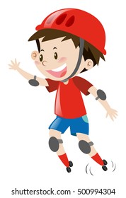 Little boy with red helmet rollerskating illustration