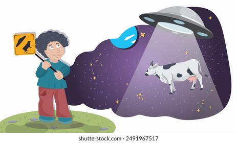 A little boy in red pants holds a warning sign, against the background of a UFO that kidnaps a cow flat illustration