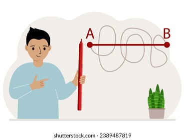 Little boy with a red pencil in her hand. A line is drawn from point A to point B, a straight and difficult path, the shortest distance to the goal, an easy or short path in study.