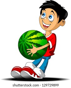 little boy in a red shirt with a large melon in his hands