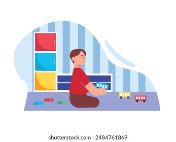 A little boy in a red shirt is playing with a toy bus in his room at home. Character design. Vector flat illustration