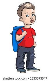 A little boy in a red T-shirt with a backpack on his back. Vector drawing in cartoon style. Isolated on white background.