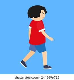 Niño pequeño en camiseta roja y pantalones cortos azules, Ilustración vectorial