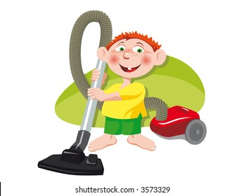 A little boy with the red vacuum-cleaner. Vector Illustration.