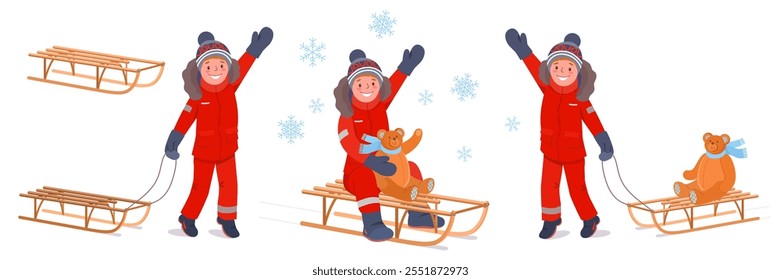 Niño pequeño en monos rojos de invierno tirando de trineo vacío, con oso de peluche, trineo cuesta abajo. Ilustración vectorial de la diversión invernal de los niños en invierno nevado.