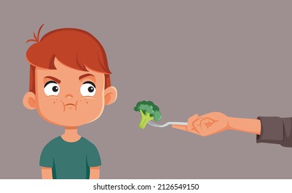 
Little Boy Refusing To Eat Broccoli Vector Cartoon Illustration. Fussy Child Being A Picky Eater Rejecting Healthy Meal Option
