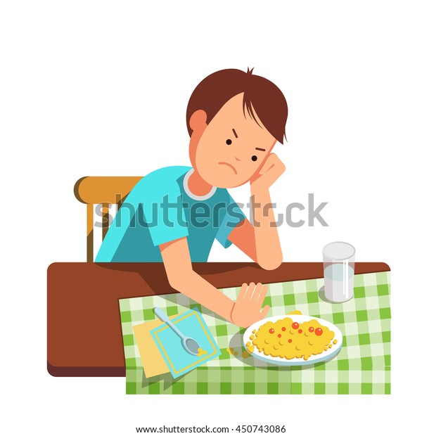 食べ物を断る小さな男の子は 子供は食べたくない 子どもは食卓に座り 食べたくない のベクター画像素材 ロイヤリティフリー