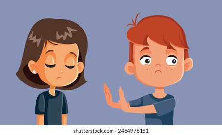 
Little Boy Rejecting a Fellow Classmate Vector Cartoon Illustration. Unhappy girl feeling refused by a classmate 
