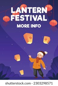 Little boy releasing air lanterns, holiday advertising poster, flat vector illustration. Chinese New Year celebration. Traditional Asian holiday invitation banner. Lantern festival.