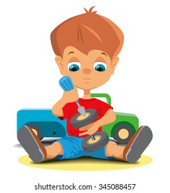 A little boy repairing toy car. Vector illustration