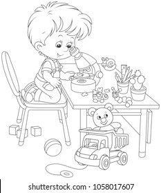 Little Boy As A Researcher And Biologist Looking At A Small Green Leaf Through A School Microscope, A Black And White Vector Illustration In A Cartoon Style For A Coloring Book