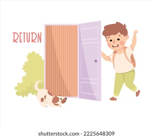 Little Boy Returning Home at Open Door Demonstrating Vocabulary and Verb Studying Vector Illustration