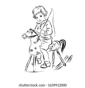 Little boy riders on the toy horse. Coloring page. Game for boys. 