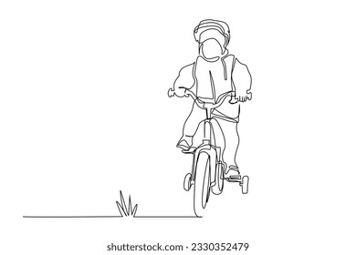 little boy rides bike for the first time outside in the park line art