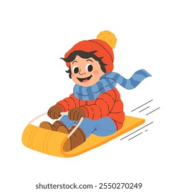 Little boy rides on a sledding on the snow, winter. Boy character isolated on white. Winter fun. Flat vector illustration in cartoon style.