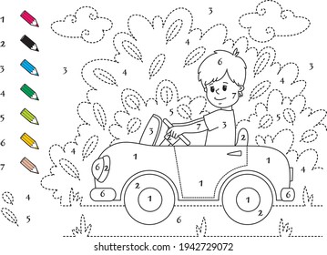 Little Boy Rides A Toy Car Convertible Through The Park, Coloring Book